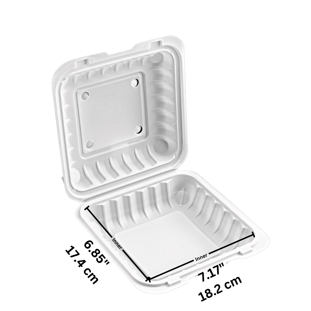 #81 | Microwavable PP Square Clamshell Container W/ Hole | 8x8x3" - open