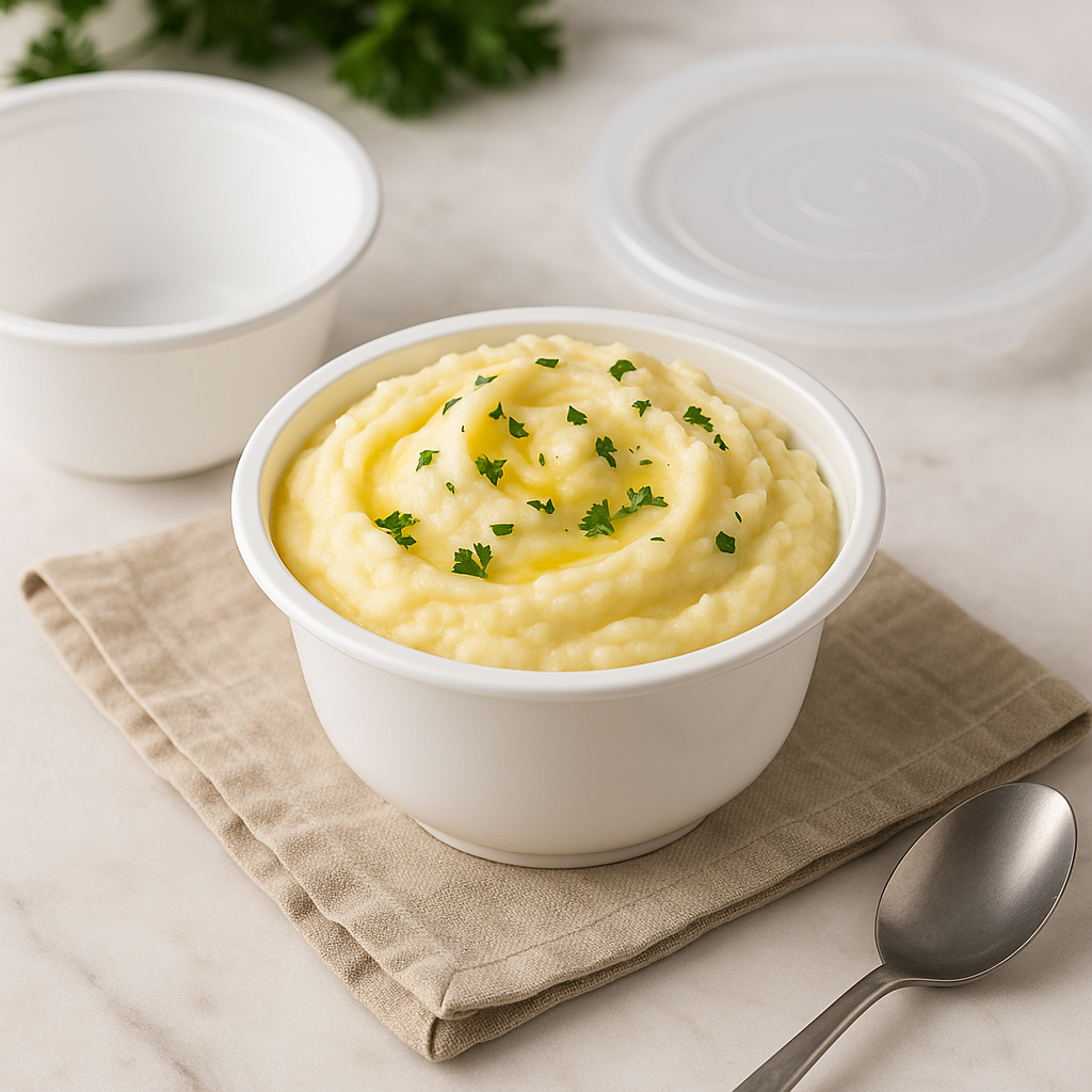 850FBM | 28oz Microwaveable PP White Round Bowl (Base Only) with mashed potatos