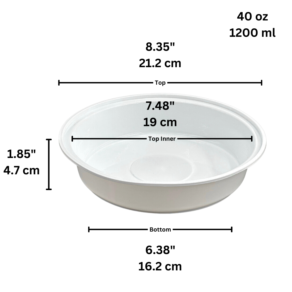 A-1200 40oz Microwaveable PP White Round Bowl (Base Only) - size
