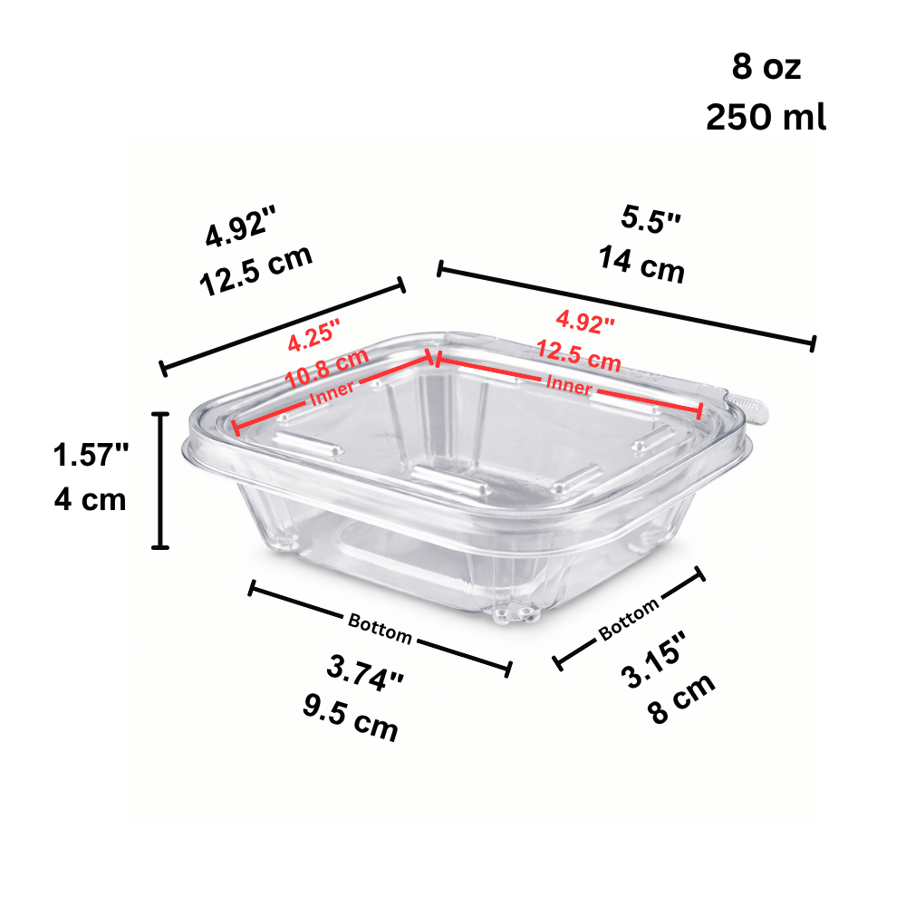 B07-OME-08ST | 8oz PET Clear Anti-fog Hinged Tamper Evident Salad Container - size