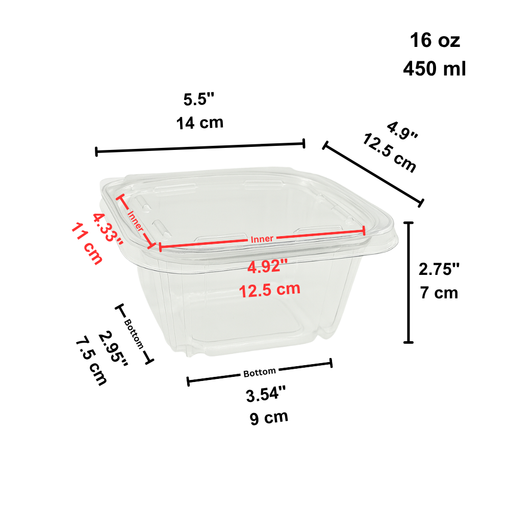 B07-OME-16ST | 16oz PET Clear Anti-fog Hinged Tamper Evident Salad Container - size