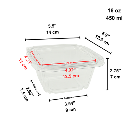 B07-OME-16ST | 16oz PET Clear Anti-fog Hinged Tamper Evident Salad Container - size