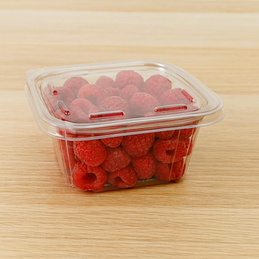B07-OME-16ST | 16oz PET Clear Anti-fog Hinged Tamper Evident Salad Container - with berry
