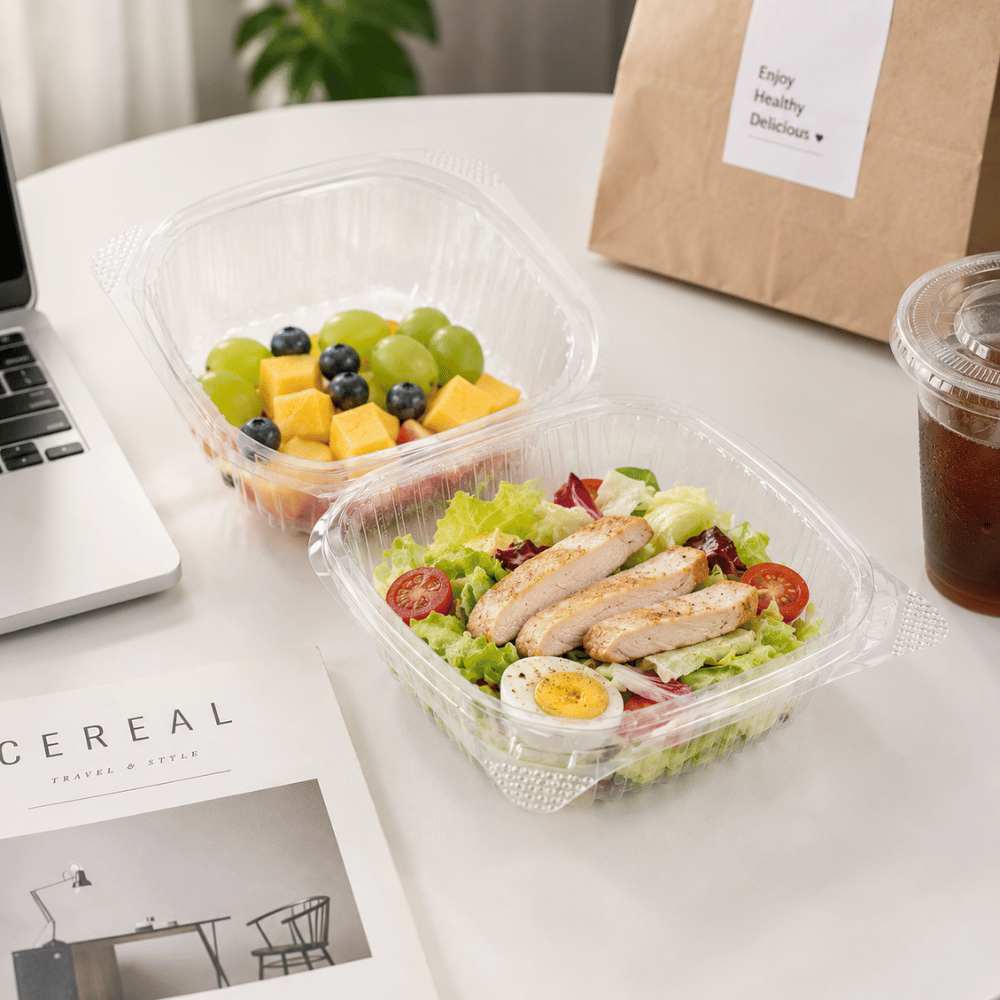 B07-OME-PET661 | Anti-fog Clear Hinged PET Container | 6x6x3"