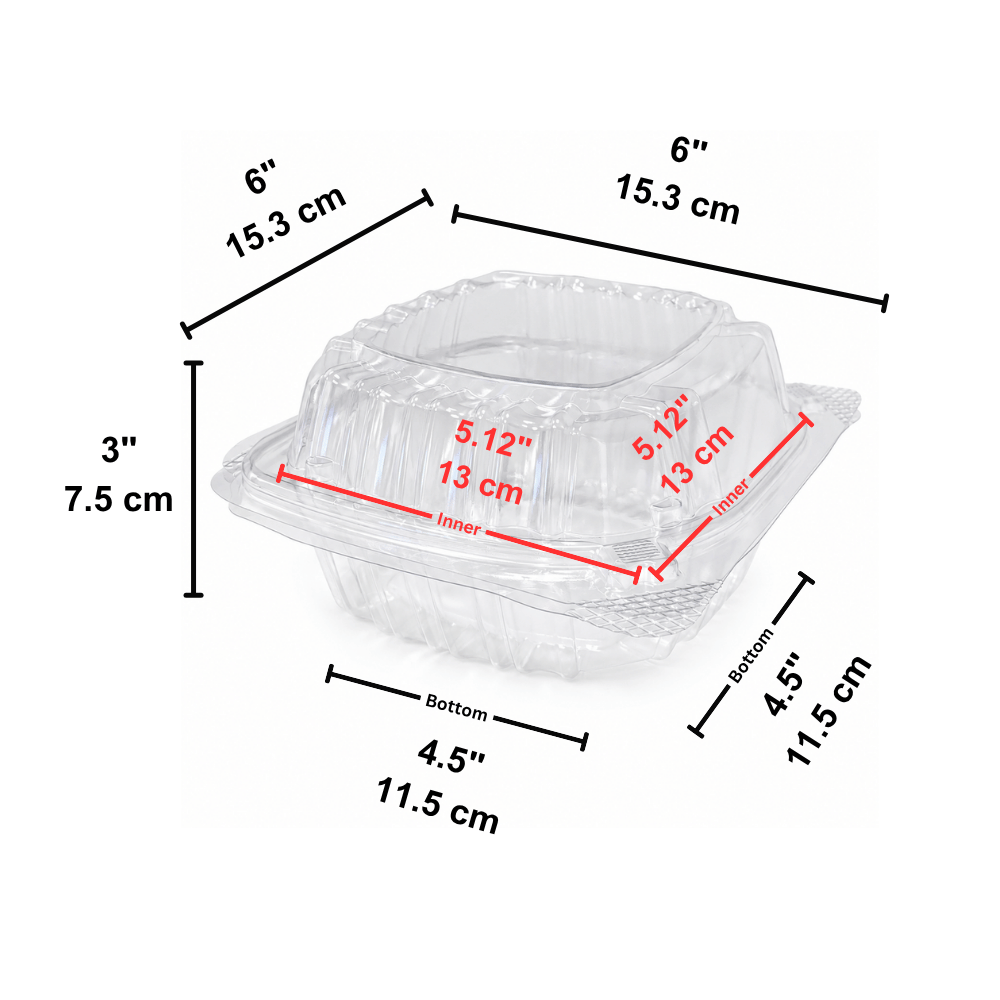 B07-OME-PET661 | Anti-fog Clear Hinged PET Container | 6x6x3"