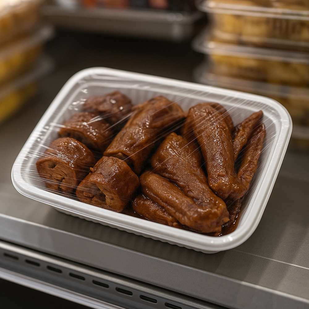 C-7516 Base | 16oz PP White Rectangular Container | 7.8x5.25x1.3" (Base Only) - with food