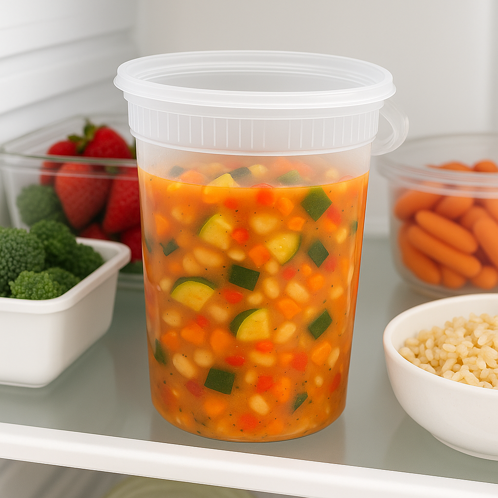 c32 deli container with stew in a refrigerator