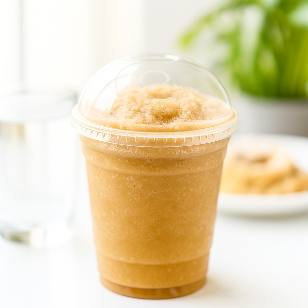 C95-BH PET 95mm Clear Dome Lid Fit YS-500YS-700 Cup filled with iced blended coffee