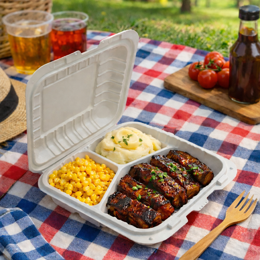 3 Compartment Microwavable PP Hinged Rectangular Clamshell Container