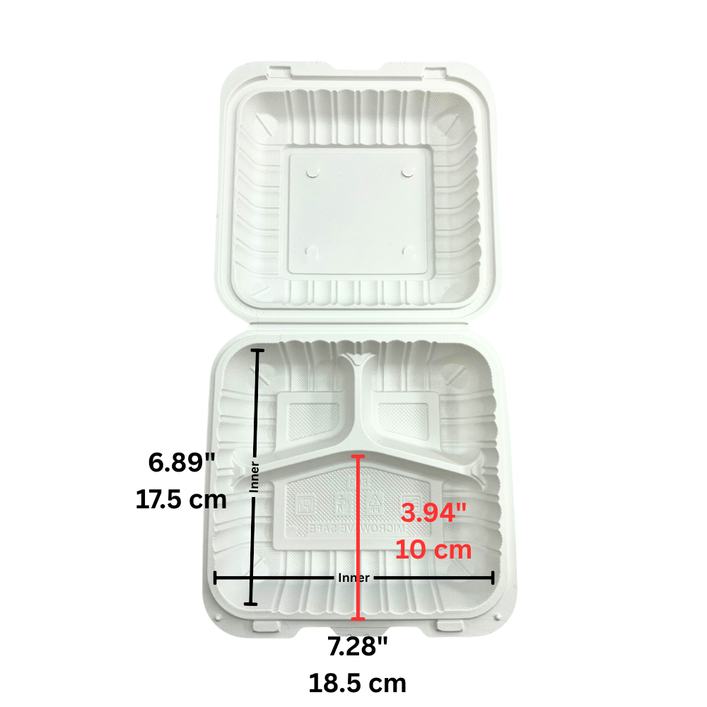 CY-83 | PP Square Clamshell Container W/ Vent Hole | 3 Compartment | 8x8x3"-open size