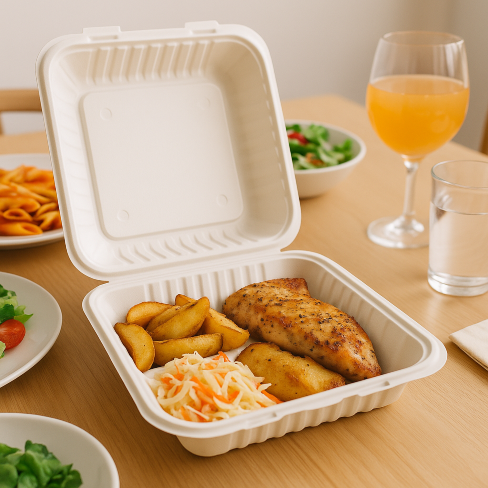 CY-91 | Microwavable PP Square Clamshell Container W/ Vent Hole | 9x9x3" - with food