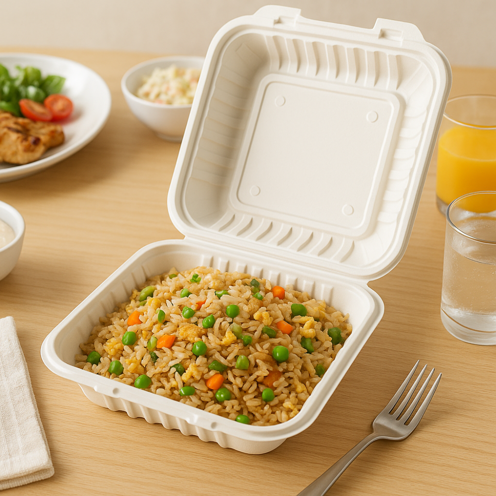 CY-91 | Microwavable PP Square Clamshell Container W/ Vent Hole | 9x9x3" - with fried rice
