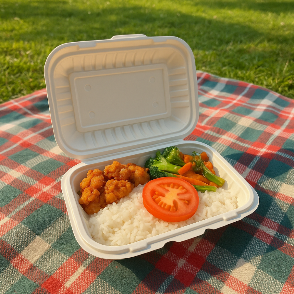 CY-96H | Microwavable PP Rectangular Clamshell Container W/ Vent Hole | 9x6x3" - with food