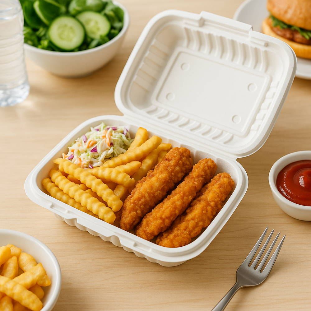 CY-96 | Microwavable PP Rectangular Clamshell Container W/ Vent Hole | 9x6x2.6"-with food