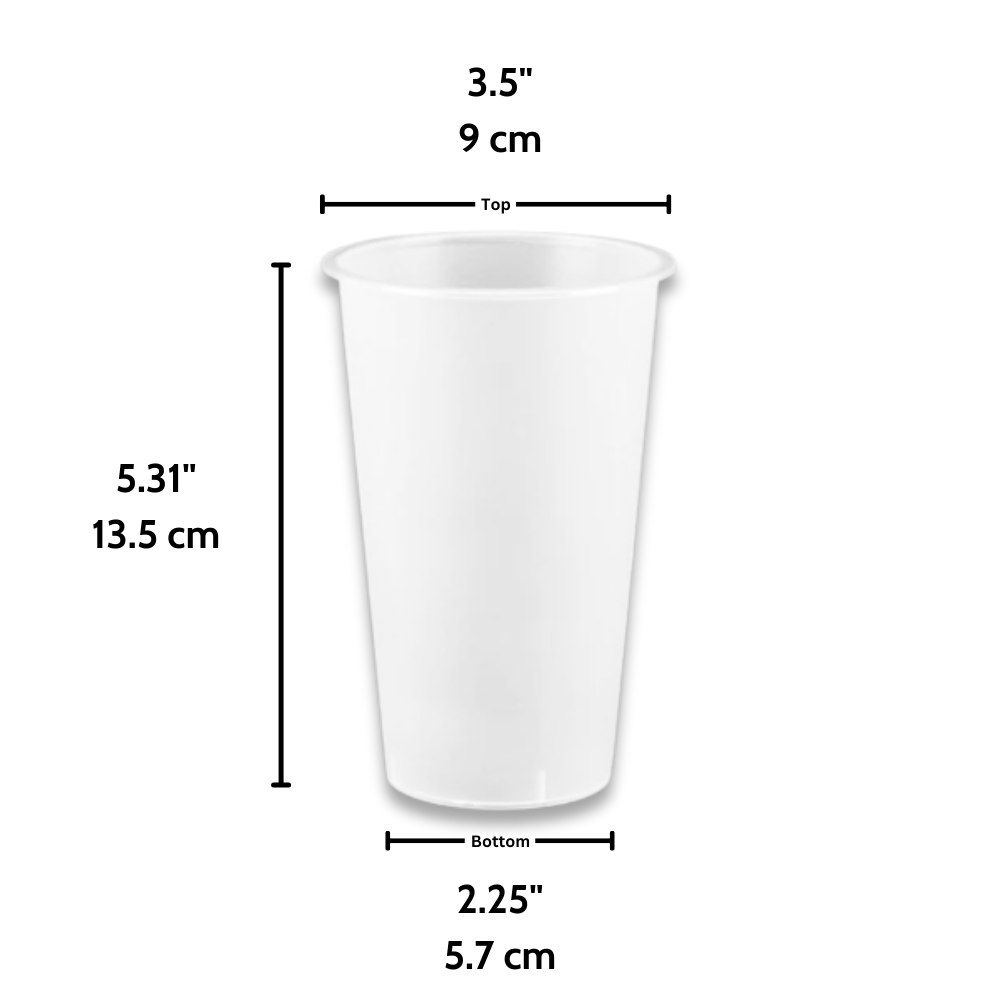 Size specifications for 16oz frosted bubble tea cup showing 90mm top diameter and 500ml capacity