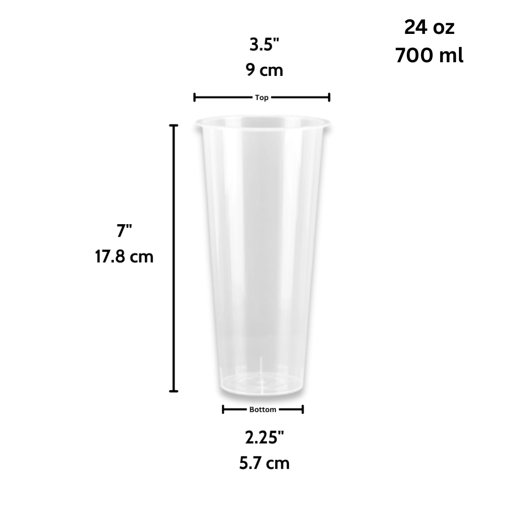 Size specifications for 24oz bubble tea clear cup showing 90mm top diameter and 5700ml capacity