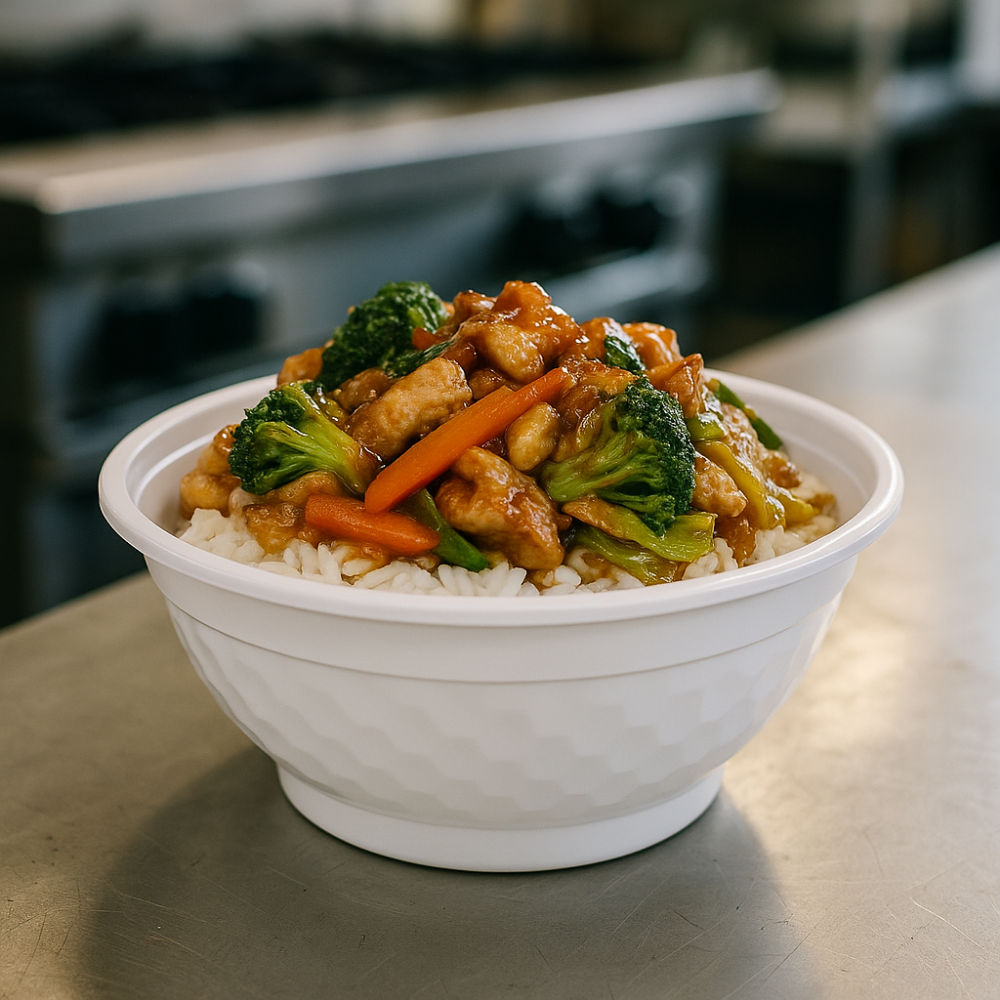 CY38 | 38oz Microwaveable PP White Diamond-Shaped Noodle Bowl (Base Only)-with rice