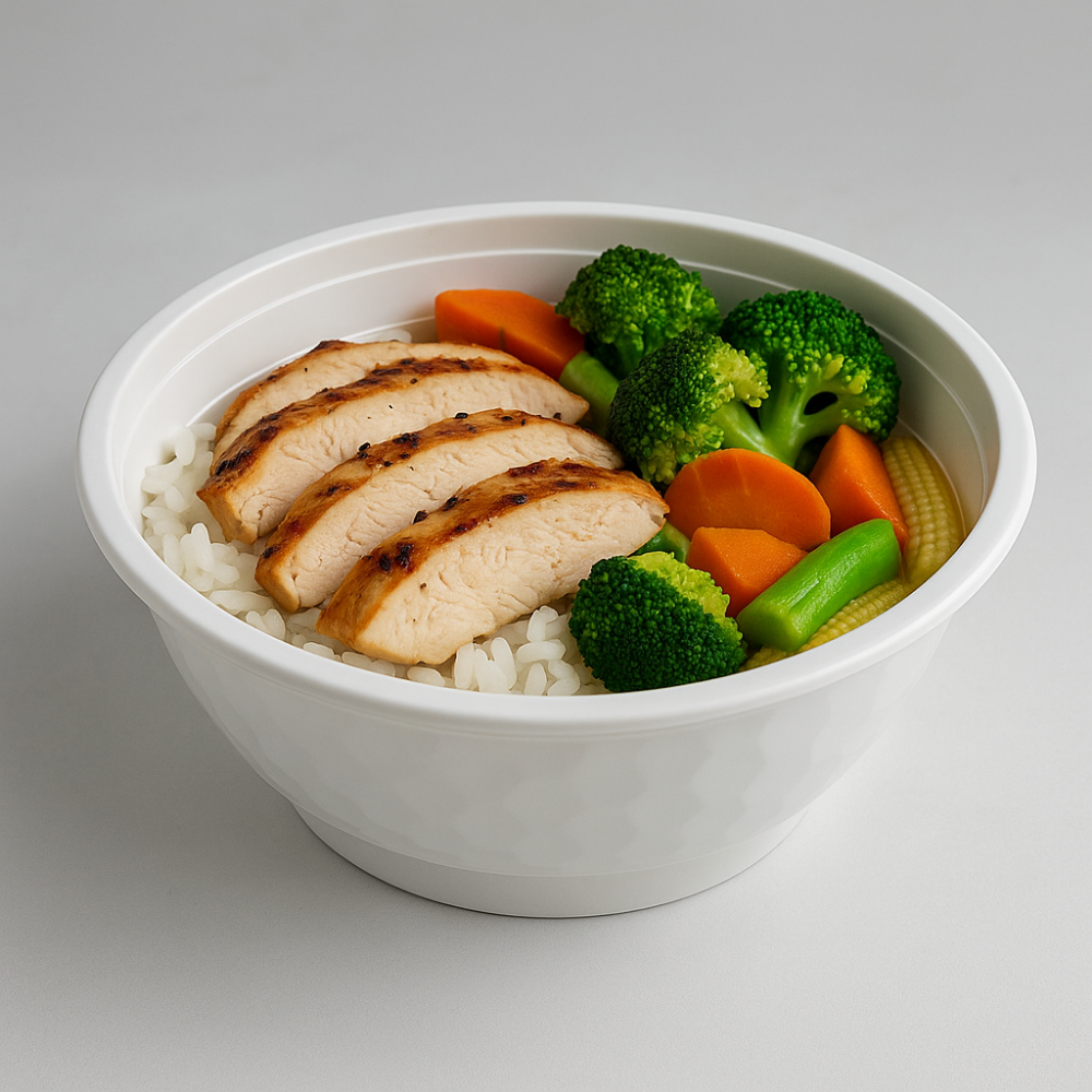 CY42 | 42oz Microwaveable PP White Diamond-Shaped Noodle Bowl (Base Only)-with rice