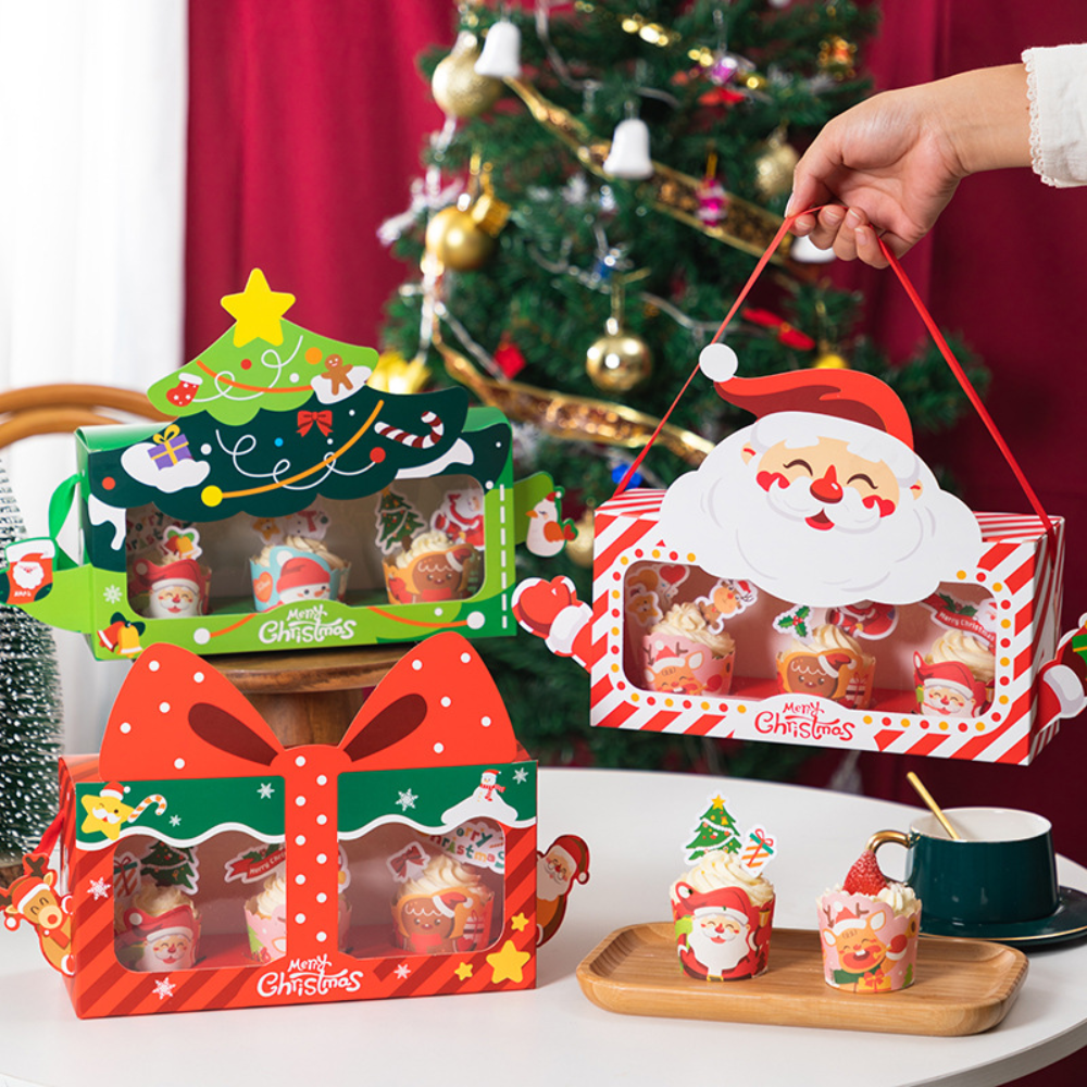 Christmas Cupcake Box W/ Window & Ribbon Handle | 3-Slot Festive Design (50 Pcs/Pack)