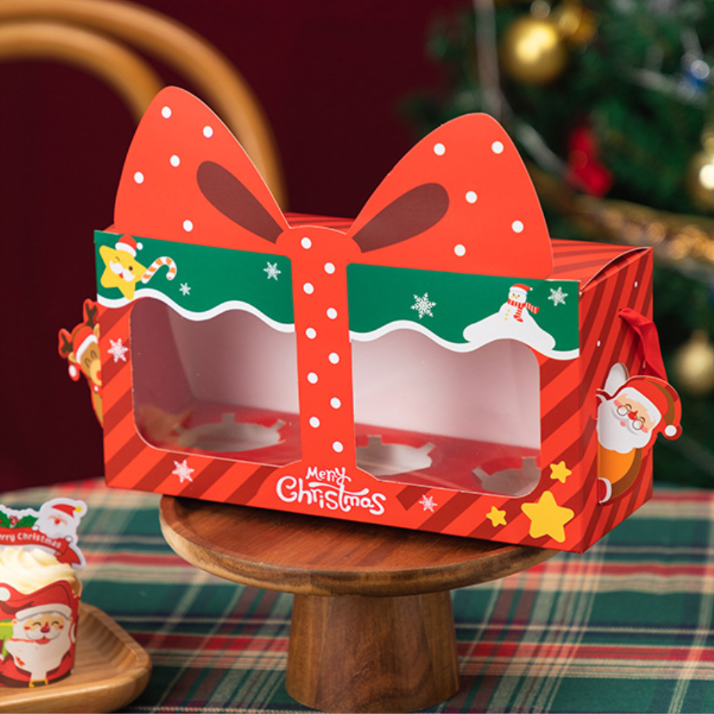 Christmas Cupcake Box W/ Window & Ribbon Handle | 3-Slot Festive Design (50 Pcs/Pack)