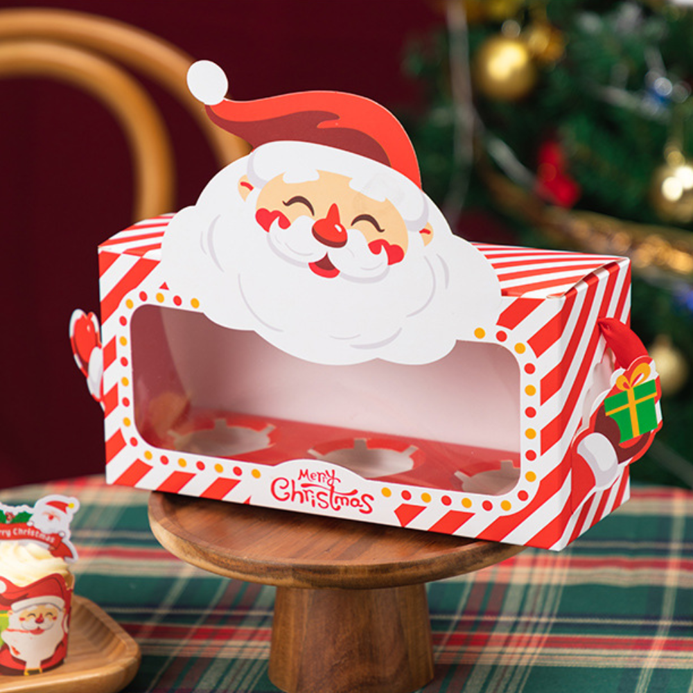Christmas Cupcake Box W/ Window & Ribbon Handle | 3-Slot Festive Design (50 Pcs/Pack)