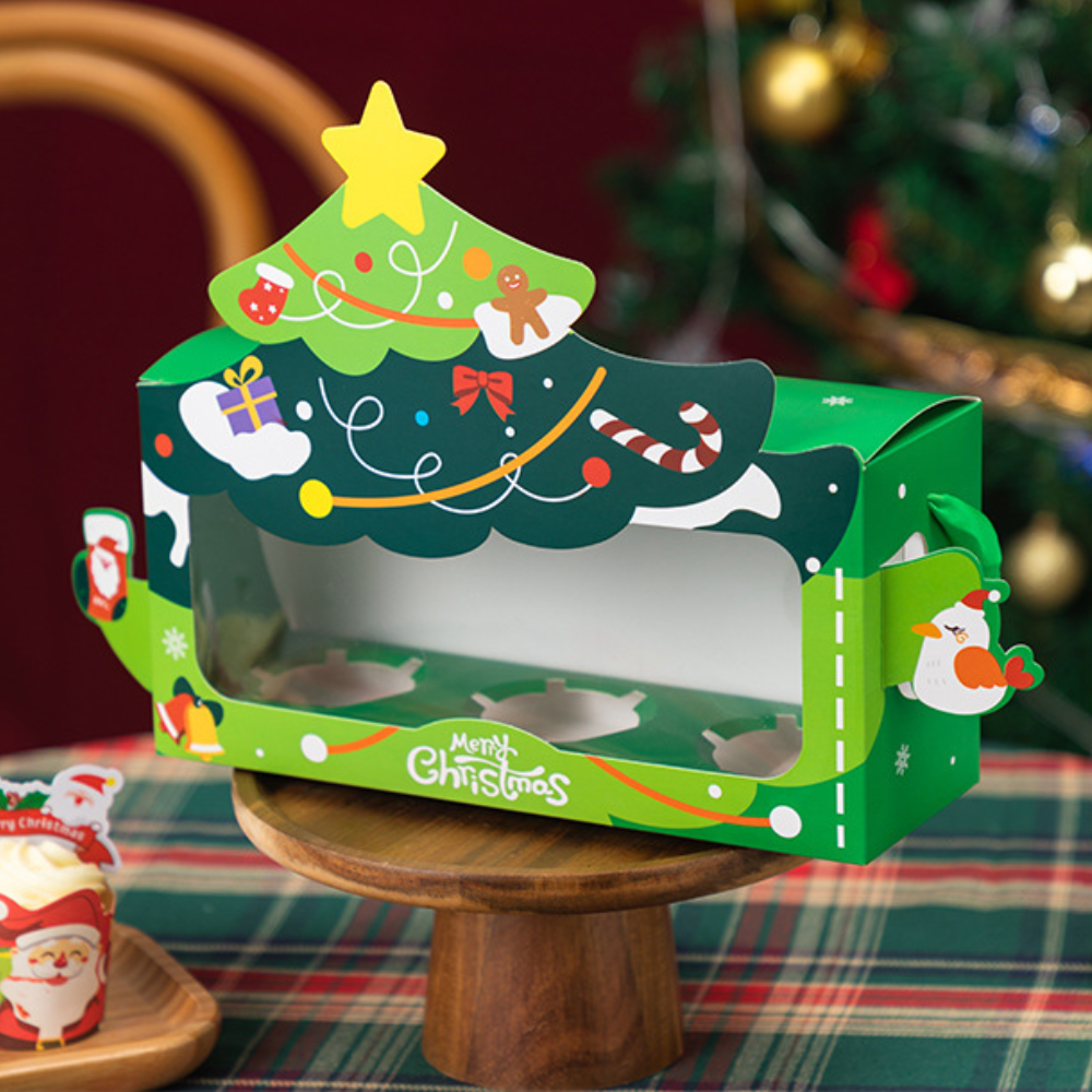 Christmas Cupcake Box W/ Window & Ribbon Handle | 3-Slot Festive Design (50 Pcs/Pack)