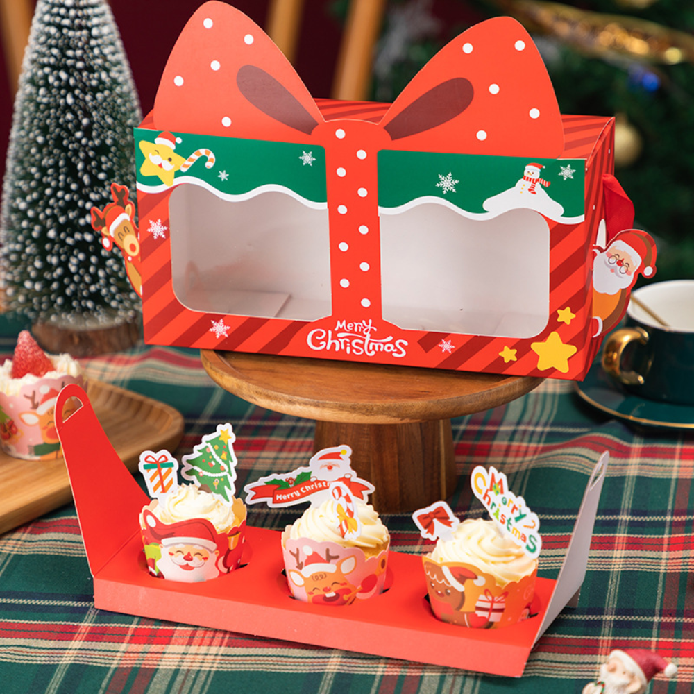 Christmas Cupcake Box W/ Window & Ribbon Handle | 3-Slot Festive Design (50 Pcs/Pack)