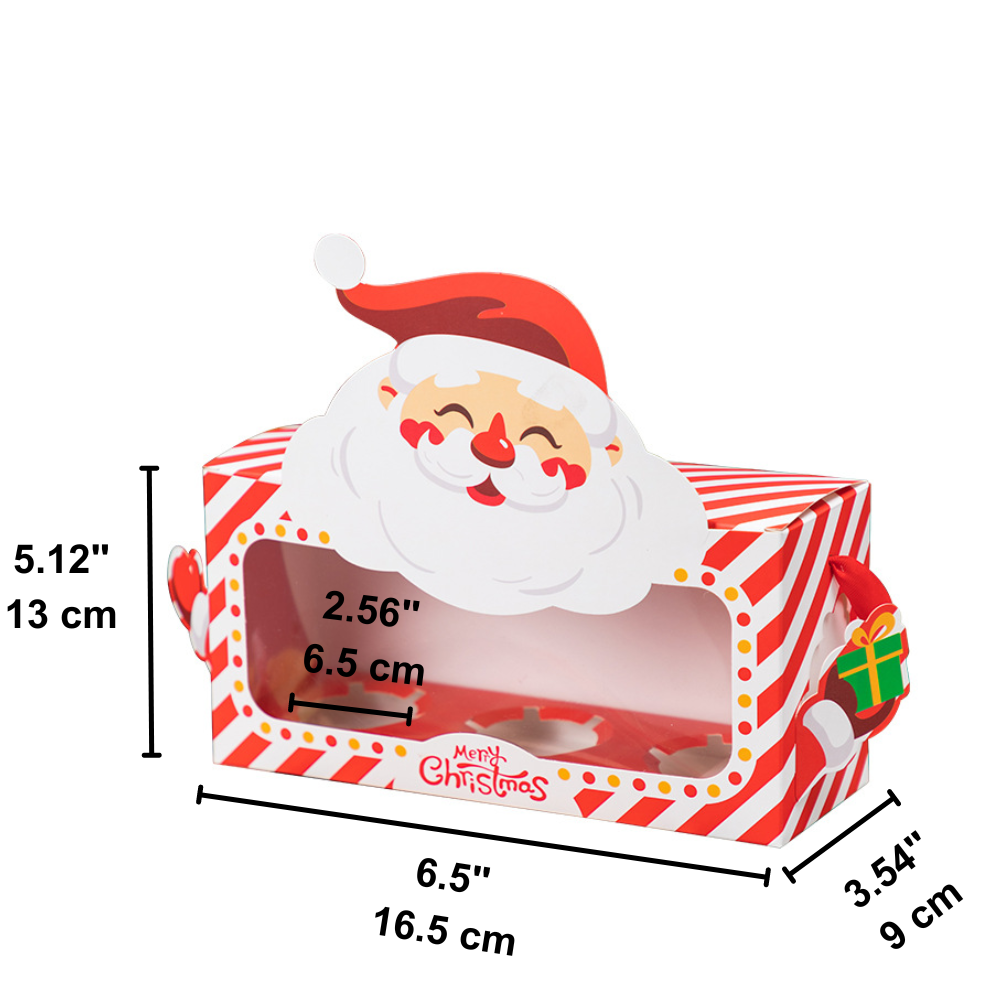 Christmas Cupcake Box W/ Window & Ribbon Handle | 3-Slot Festive Design (50 Pcs/Pack)
