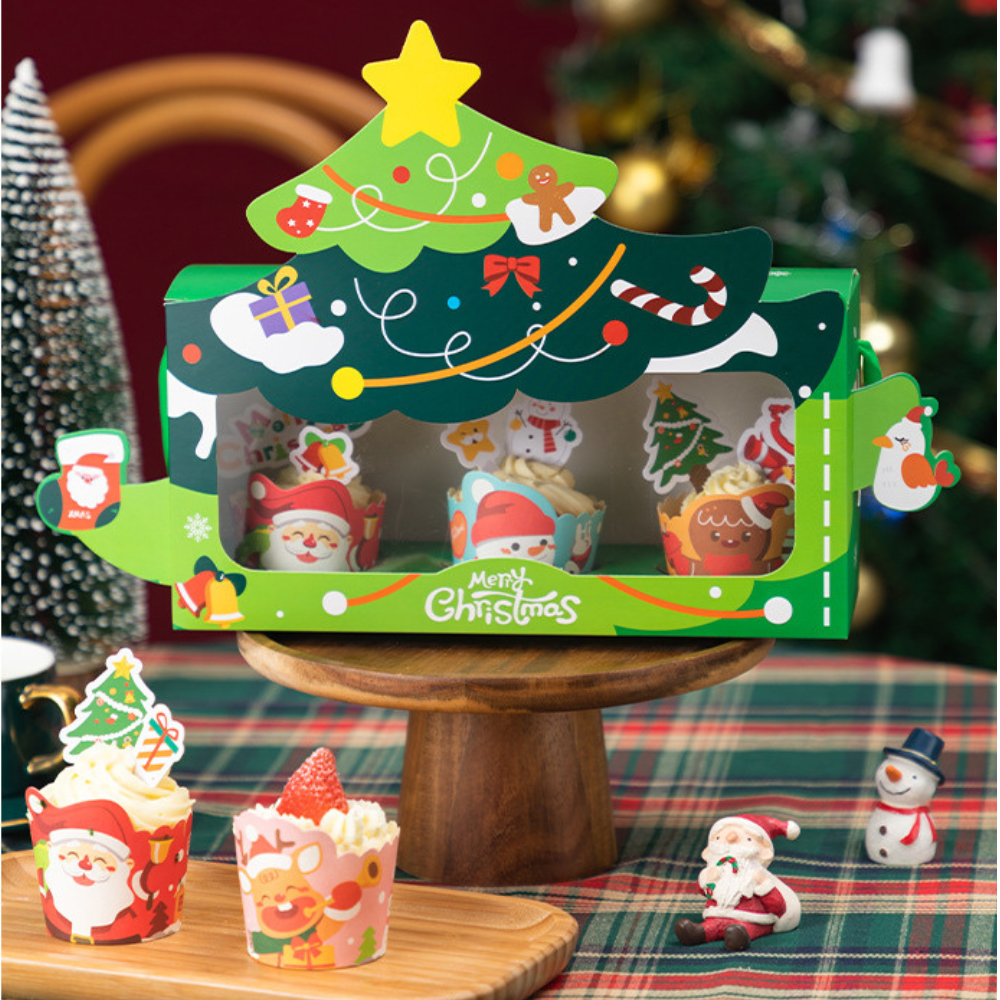 Christmas Cupcake Box W/ Window & Ribbon Handle | 3-Slot Festive Design (50 Pcs/Pack)