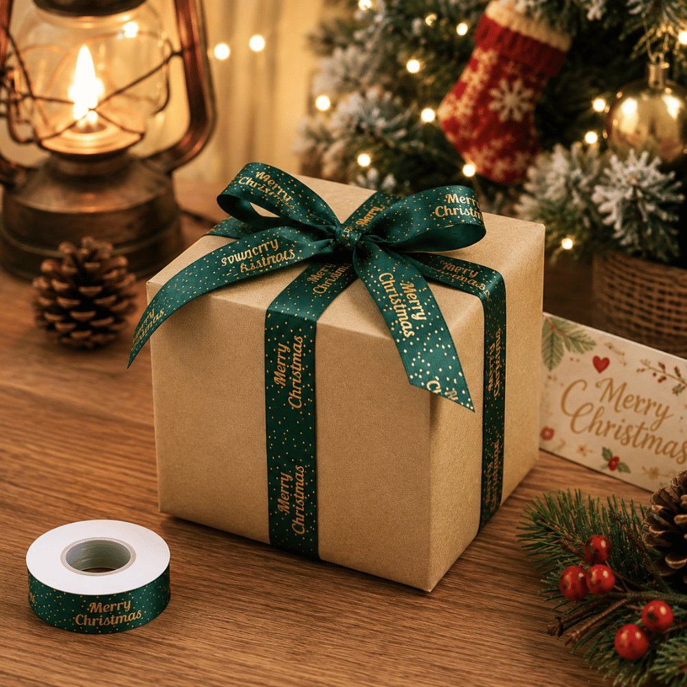 Ruban en tissu vert joyeux Noël 1" | 24 mètres - 1 rouleau