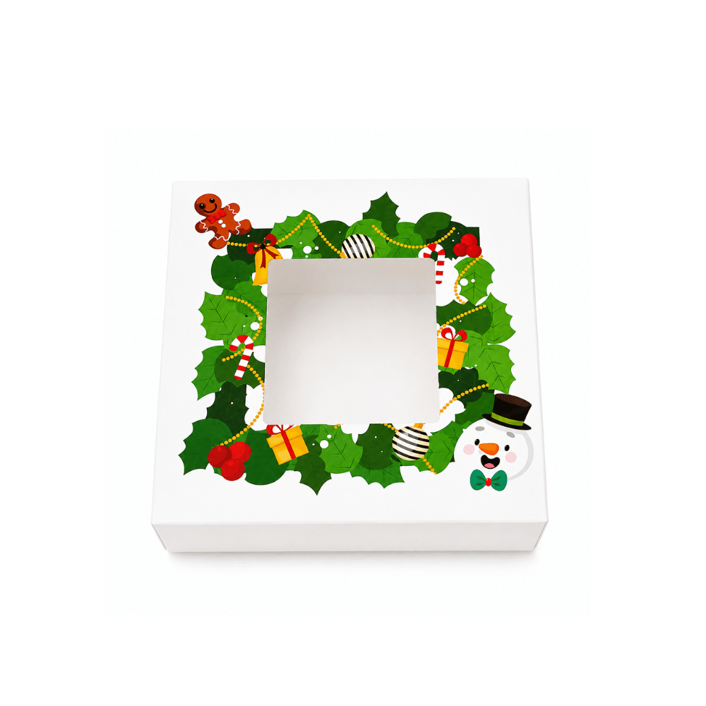 Christmas Holiday Bakery Boxes W/ Clear Window | 5.91x5.91x3.15" | Festive Cake & Cookie Gift Boxes - front