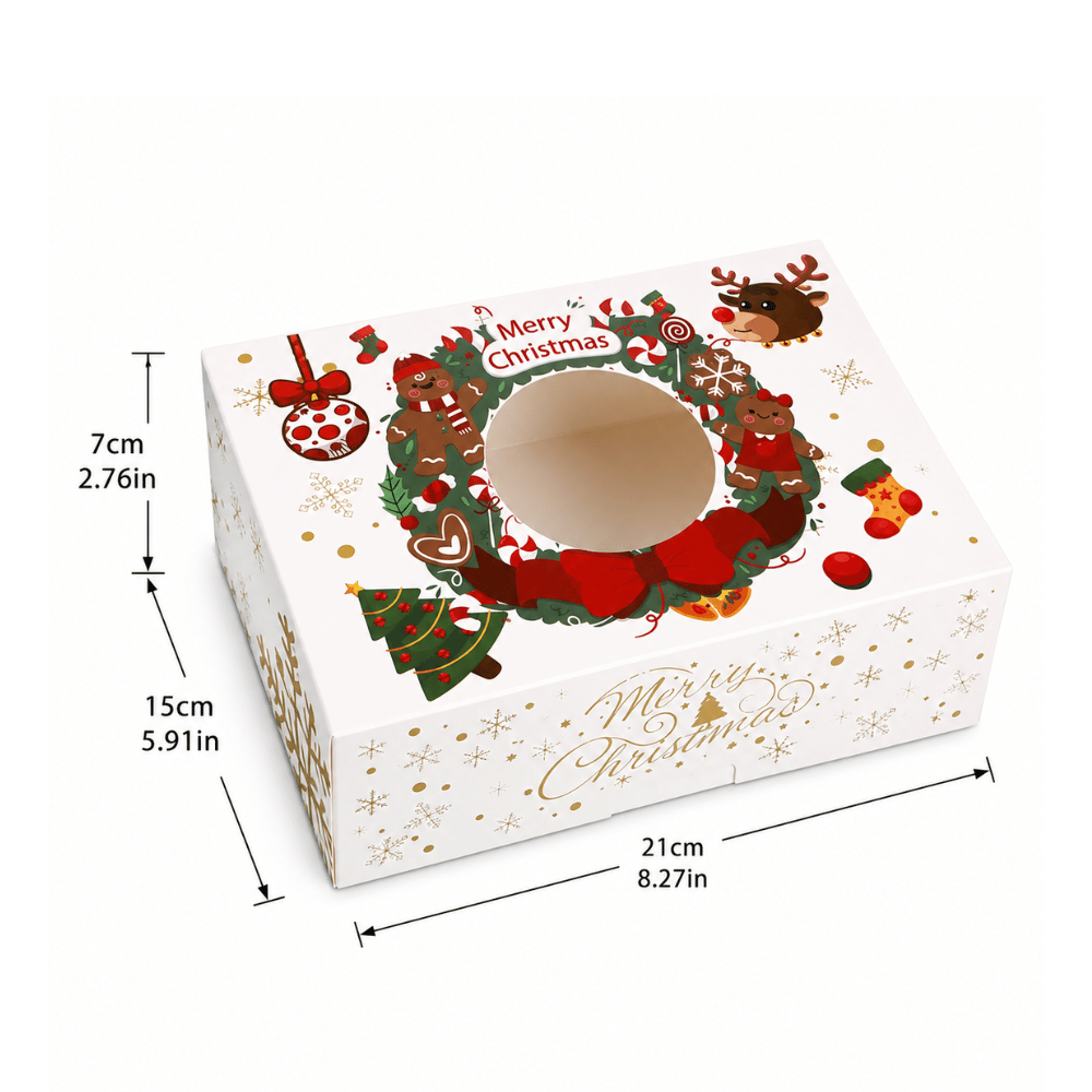 Christmas Holiday Bakery Boxes W/ Clear Window | Gingerbread & Reindeer | 8.27x5.91x2.76" - size