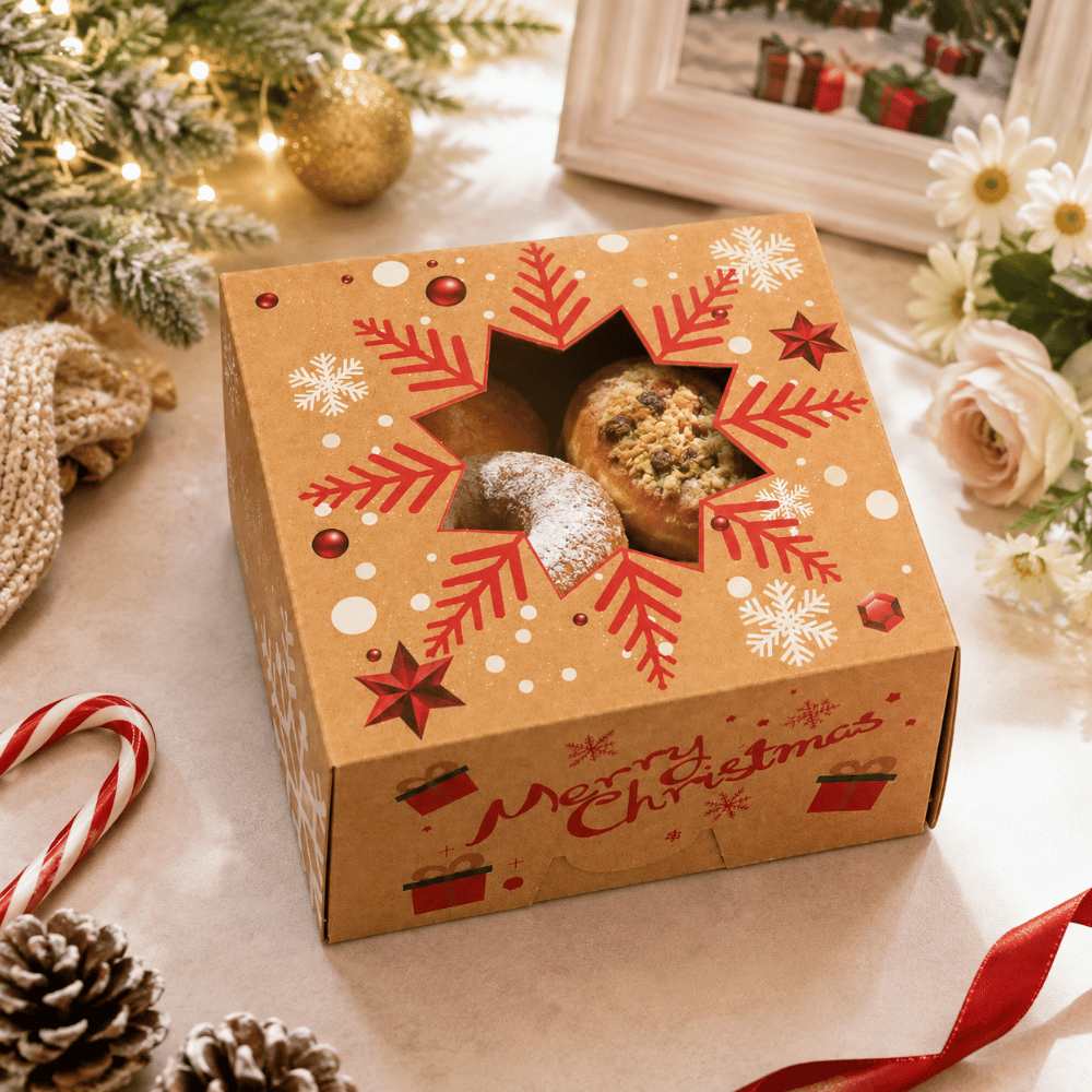 Christmas Holiday Bakery Boxes W/ Clear Window | Kraft Snowflake | 5.91x5.91x3.15" - with bread