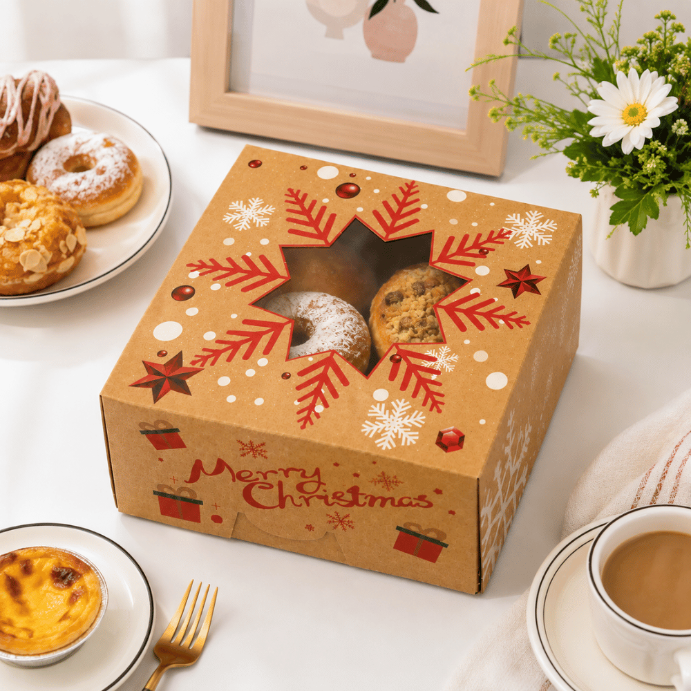 Christmas Holiday Bakery Boxes W/ Clear Window | Kraft Snowflake | 5.91x5.91x3.15" - with pastry