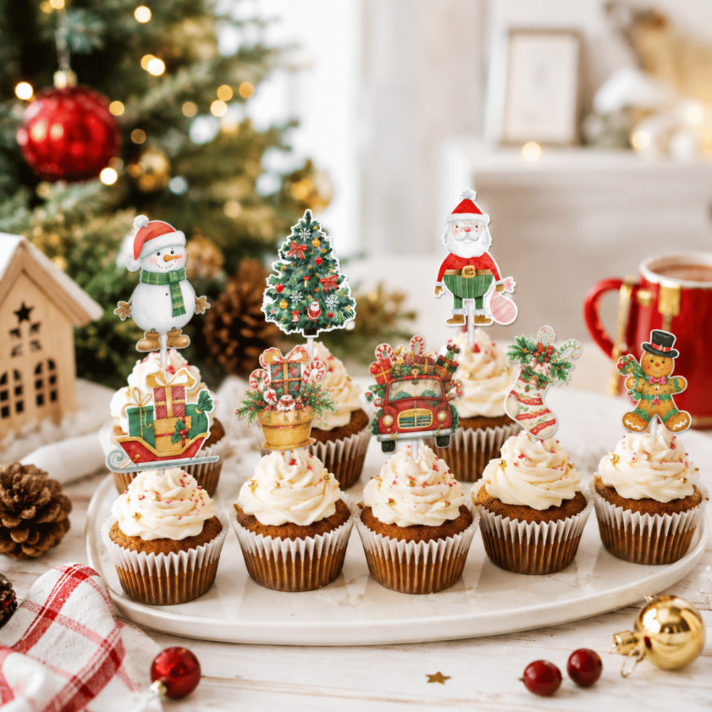 Christmas Holiday Cupcake Toppers W/ Paper Sticks | 12 Assorted Festive Designs | 300g Cardstock - on the cupcakes