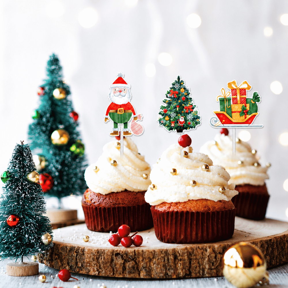 Christmas Holiday Cupcake Toppers W/ Paper Sticks | 12 Assorted Festive Designs | 300g Cardstock - with cupcake