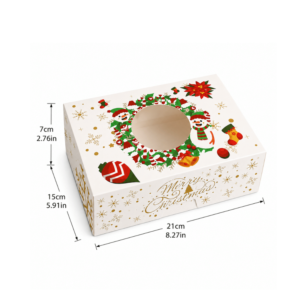 Christmas Holiday Rectangular Bakery Boxes W/ Clear Window | Snowman Wreath | 8.27x5.91x2.76" - size