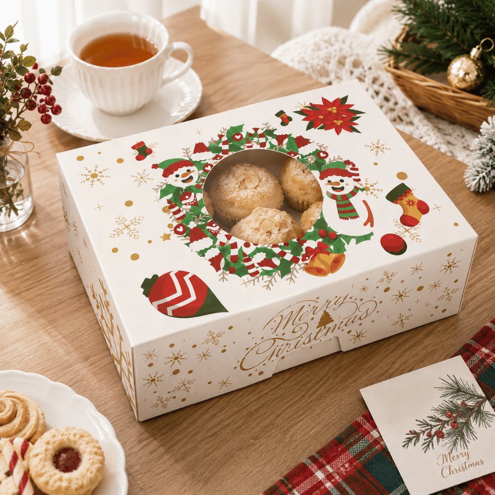 Christmas Holiday Rectangular Bakery Boxes W/ Clear Window | Snowman Wreath | 8.27x5.91x2.76" - with pastry