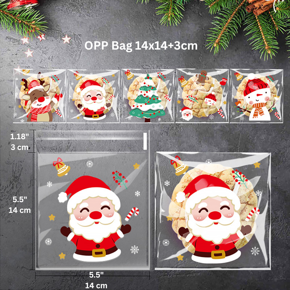 Christmas OPP Bags Cookie Gift Bags | 5 Mixed Designs | 3 Sizes - 100 Pcs