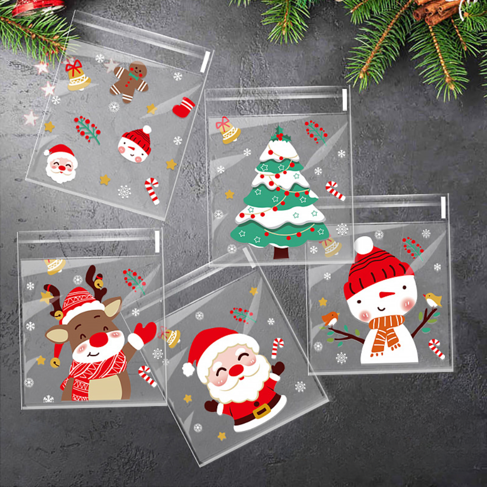 Christmas OPP Bags Cookie Gift Bags | 5 Mixed Designs | 3 Sizes - 100 Pcs