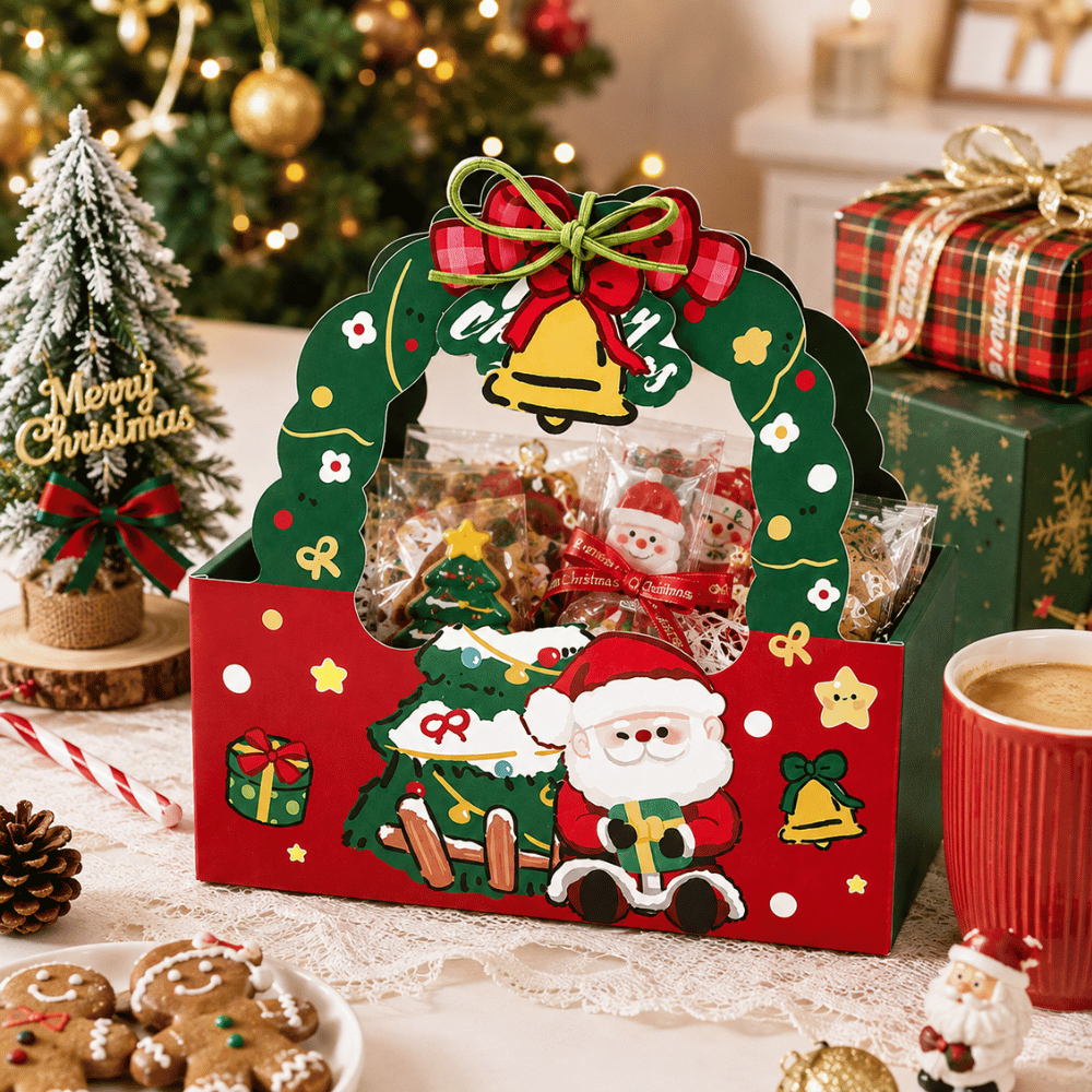 Christmas Theme Paper Favor & Treat Boxes W/ Handle & Rope & Tag| Holiday Candy & Gift Baskets - with gift