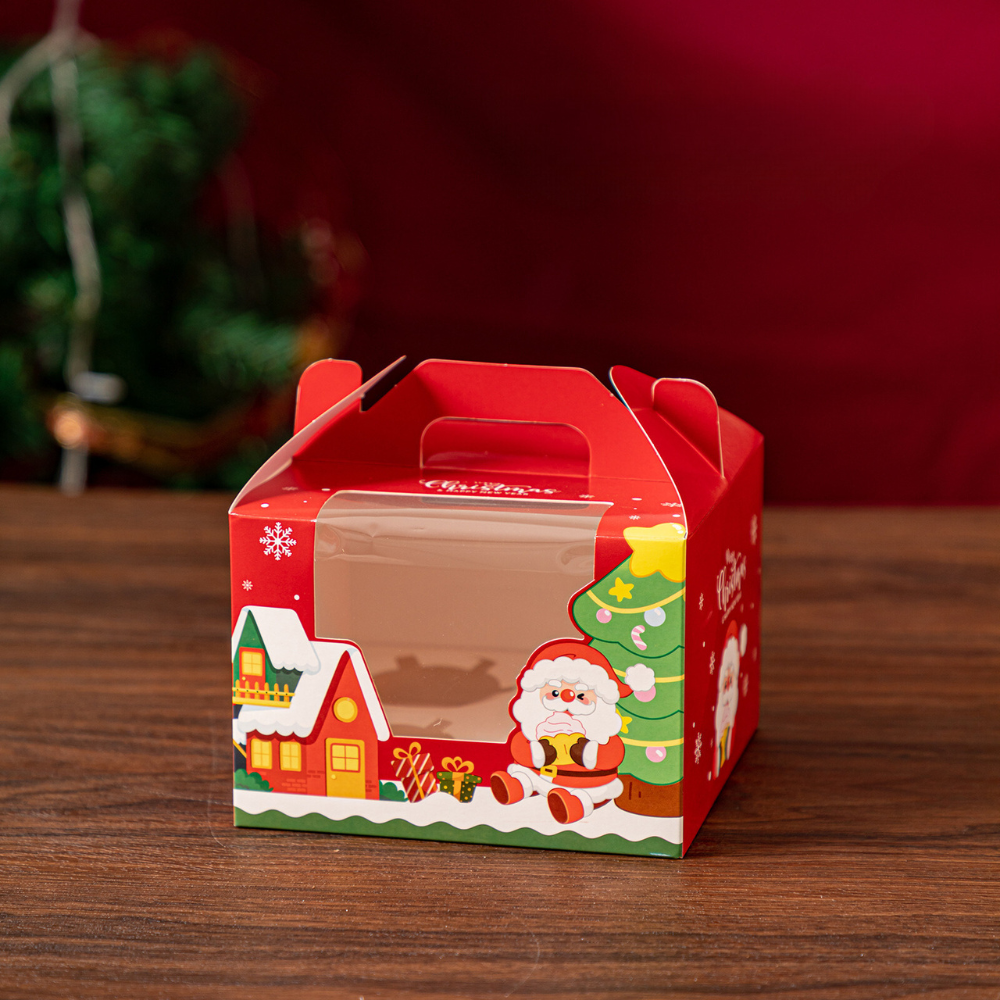 Christmas Window Cupcake Boxes W/ Handle | Fit 4/6 Cupcakes (10 Pcs/Pack)
