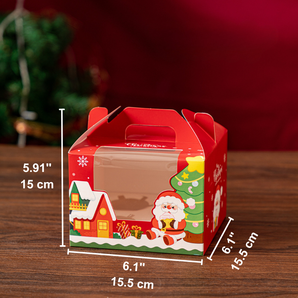 Christmas Window Cupcake Boxes W/ Handle | Fit 4/6 Cupcakes (10 Pcs/Pack)
