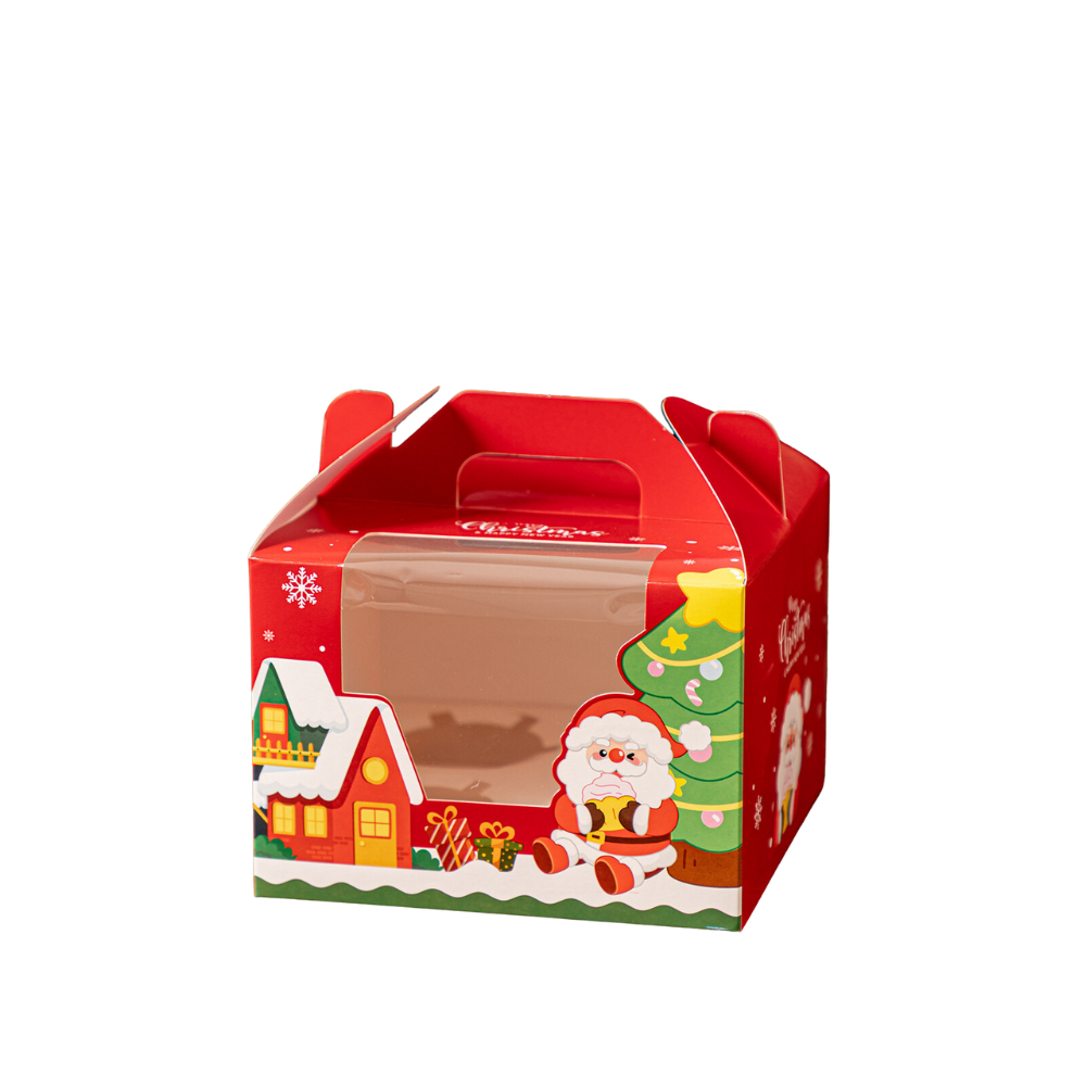 Christmas Window Cupcake Boxes W/ Handle | Fit 4/6 Cupcakes (10 Pcs/Pack)
