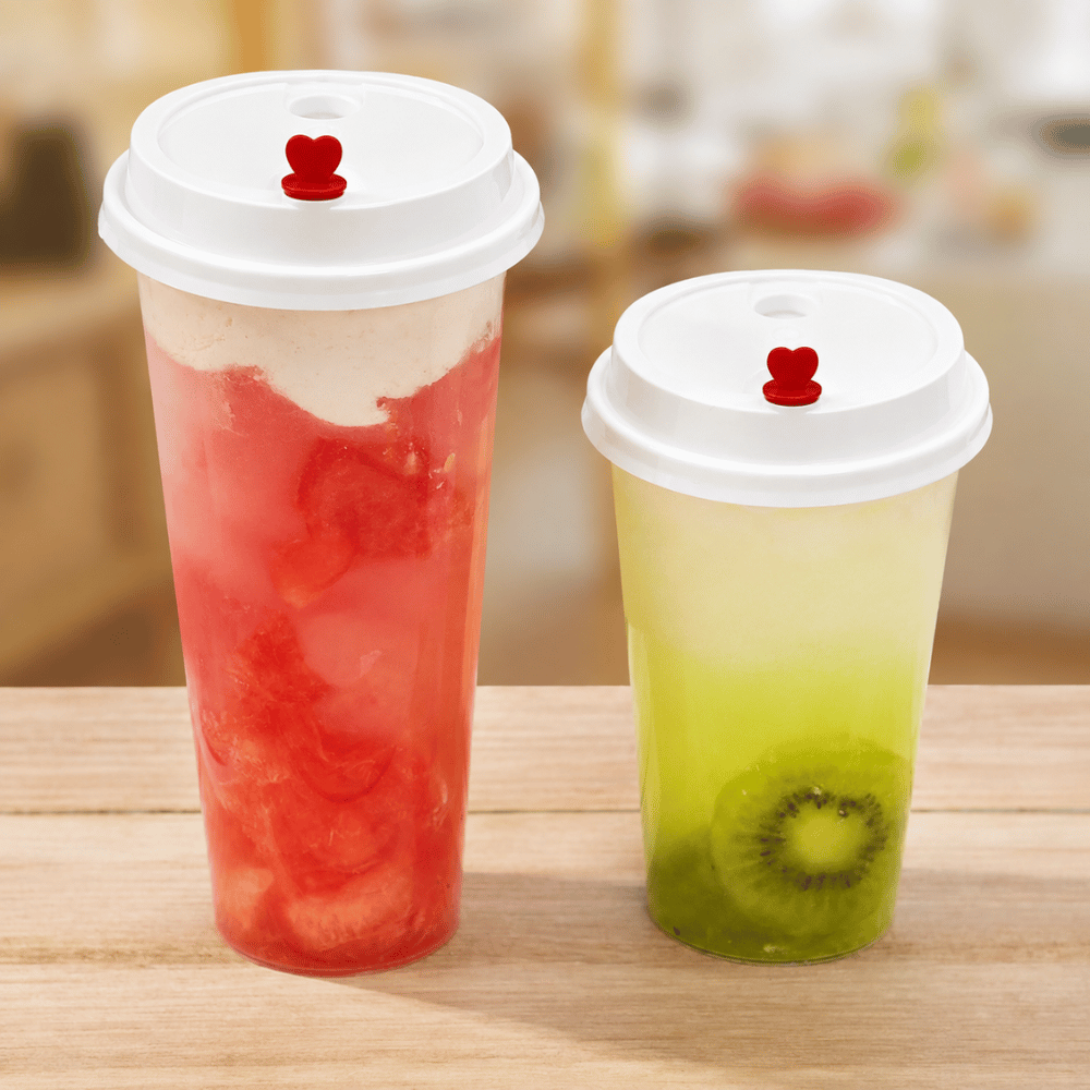 D90W-H | 90mm PP White Round Sip Lid W/ Red Heart Shaped Plug | Fit CY-Z500/700 Cup - with cups