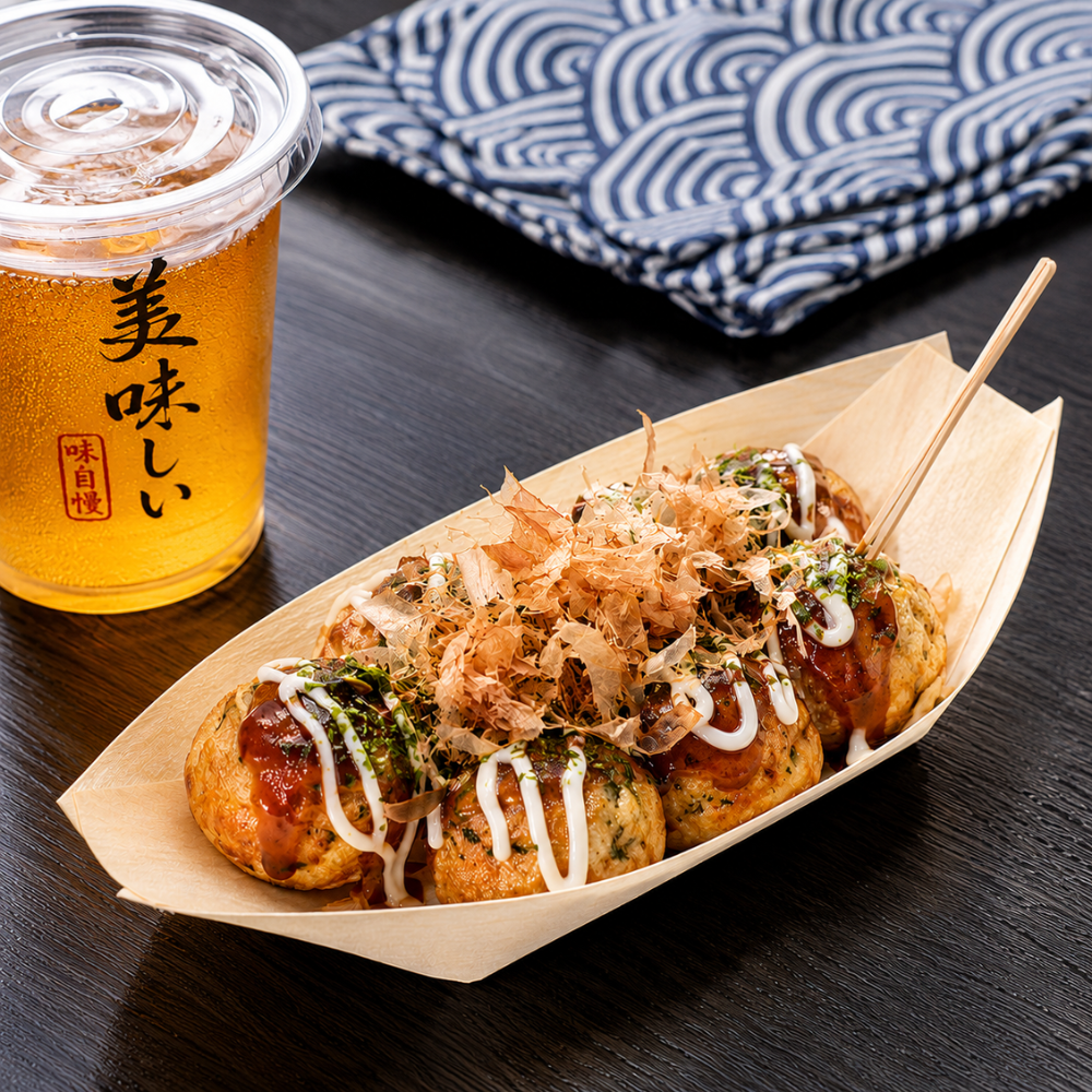 Three takoyaki with a drizzle of sauce in a paper boat on a dark surface, next to a cup of beer with Japanese text.