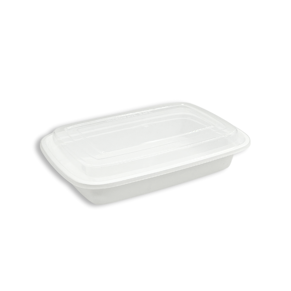 F-9628 | TD 28oz Microwaveable PP White Rectangular Container W/ Lid