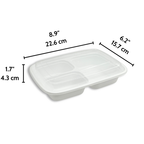 F-96326 | TD 26oz PP White Rectangular Container W/ Lid | 3 Compartment