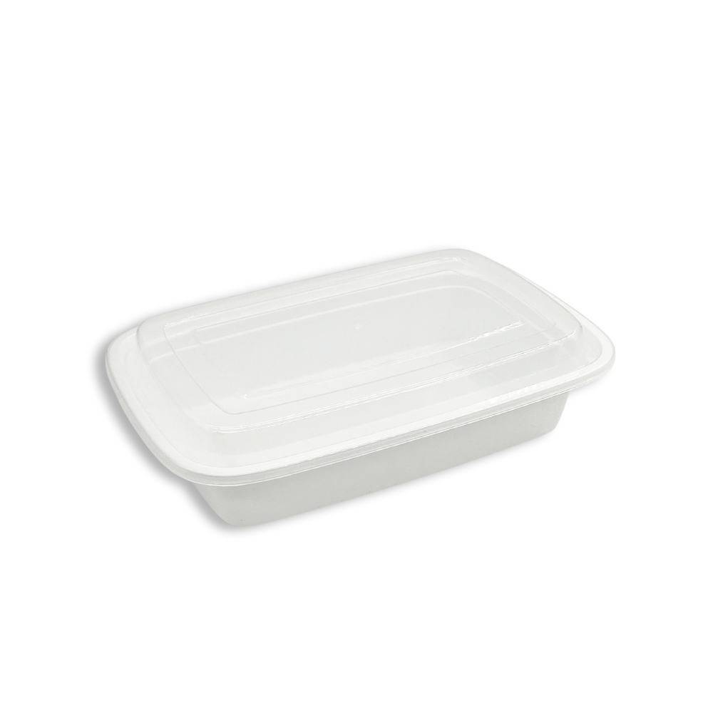 F-9632 | Conteneur rectangulaire blanc en PP micro-ondable TD de 32 oz avec couvercle - 150 ensembles