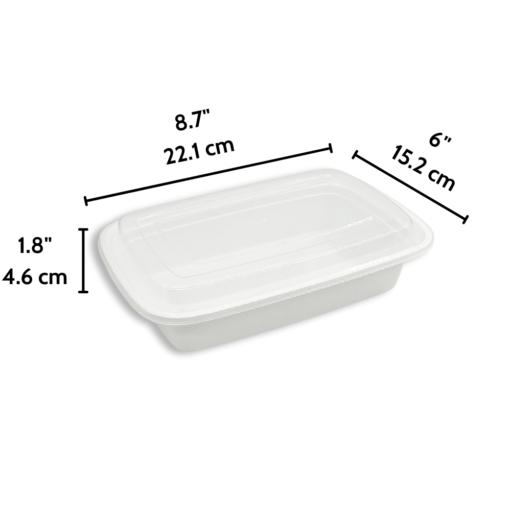 F-9632 | Conteneur rectangulaire blanc en PP micro-ondable TD de 32 oz avec couvercle - 150 ensembles